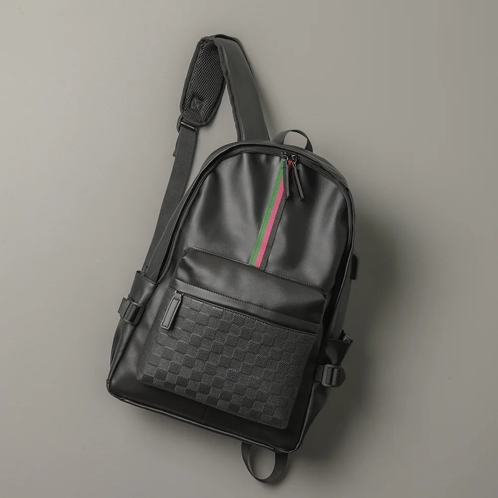 Sac à dos cuir homme – Élégance rayée, grande capacité et compartiment PC